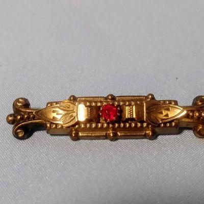 Victorian Gold Wash Bar Brooch with Ruby Center Stone