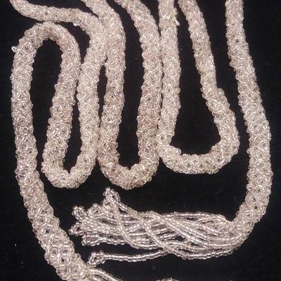Long Silver Colored Bead Crochet Necklace 54"L