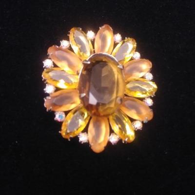 Large Vintage Flower Brooch with Amber Glass and Rhinestones