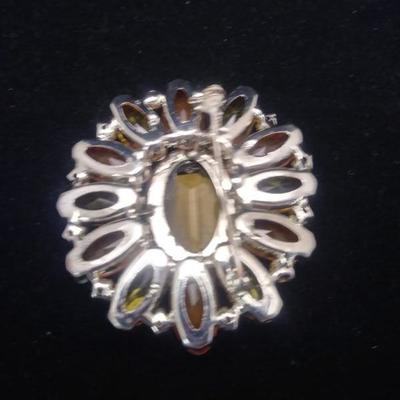 Large Vintage Flower Brooch with Amber Glass and Rhinestones