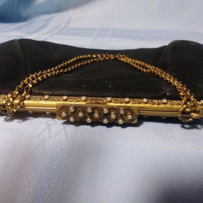 Vintage Black Leather Purse with Brass/ Mother of Pearl Clasp 