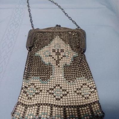 Enamel Mesh Opera Purse with Blue, White, and Black Design