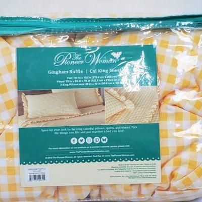 Cal King Sheet Set, Gingham Yellow Ruffle, The Pioneer Woman - New, Open Package