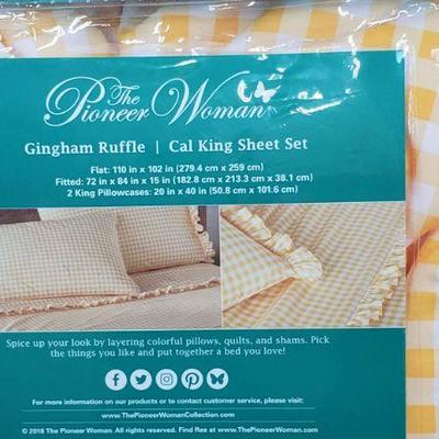 Cal King Sheet Set, Gingham Yellow Ruffle, The Pioneer Woman - New, Open Package