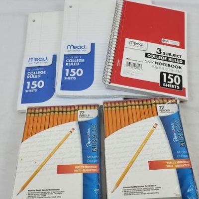 School Supplies: Filler Paper, College Ruled Notebook, & Woodcase Pencils - New