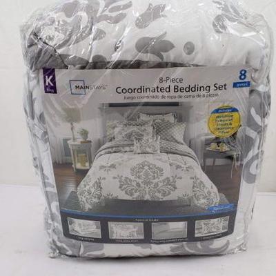 King 8 Piece Coordinating Bed Set, Gray/White Classic Noir- New