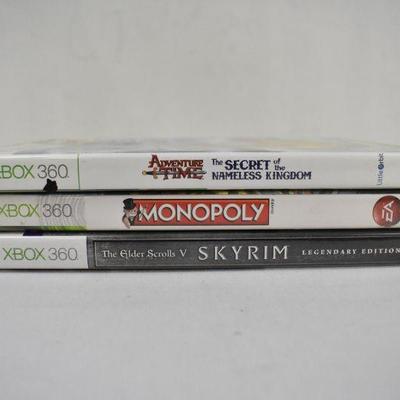 3 Video Games for XBOX 360: Adventure Time, Monopoly, & Skyrim