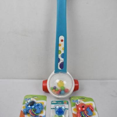 4 Pc Infant/Toddler Toys: Fisher Price Corn Popper, Rattles New, Pacifiers New