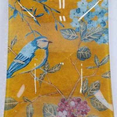 Prima Design Glass Platter, Stitch-Pattern Blue Bird on Gold Background