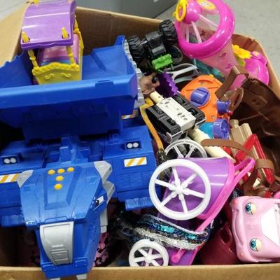 Large Box of Various Toys: Cars, Carriage, Train, Instruments, etc.
