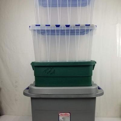 4 Storage Bins: 2 Clear w/ Blue Fliptop Lids, 1 Green w/ Lid, 1 Gray w/ Lid