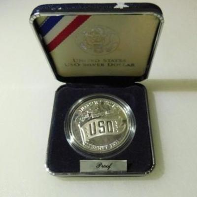 US 5oth Anniversary USO 1991 Proof Silver Dollar in Case with COA