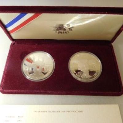 US Mint 1983 & 1984 S Proof Olympic Silver Dollar Set in Case with COA