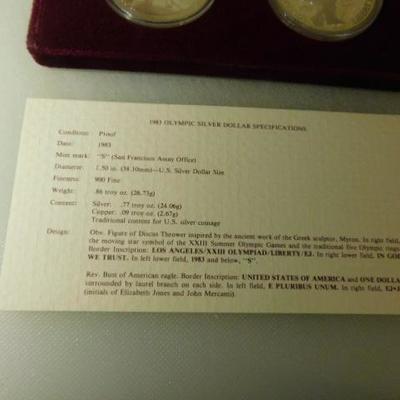 US Mint 1983 & 1984 S Proof Olympic Silver Dollar Set in Case with COA