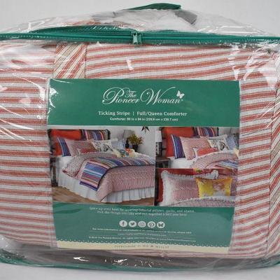 Pioneer Woman Full/Queen Comforter, Ticking Stripe/Floral Red, Cream & Tan - New