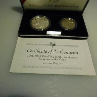 WW II 50th Anniversary 1991-1995 Two Coin Proof Set 90% Silver Dollar Clad Half Dollar