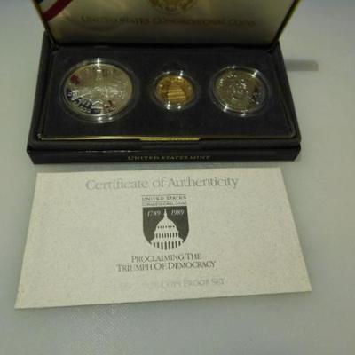 US Congressional 1989 Proof  Triumph of Democracy 3 Coin Set Gold $5, Silver $1, Clad Half