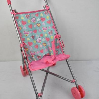 Doll Size Umbrella Stroller, Pink/Green/Hearts - New