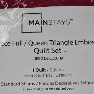 Mainstays 3 Pc Full/Queen Triangle Embossed Quilt Magenta Pink Burgundy - New