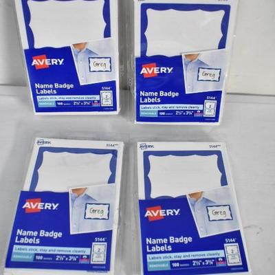 400 Avery Name Badge Labels, 4 Packages, 100 Badges Each - New