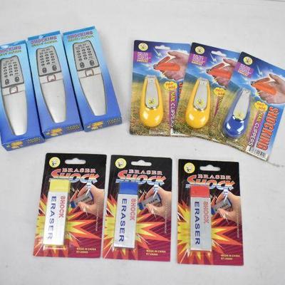 Quantity 9 Shocking Practical Joke Pranks: Remotes, Nail Clippers, Erasers - New