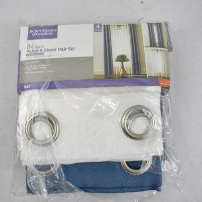 BH&G 4 Pc Panel Set: Blue Textured Twill Weave & White Sheers 37x84