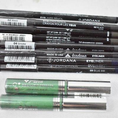 10pc Jordana Makeup: 8 Eyeliners Black, Blue, Green, Gray & Green Mascaras - New