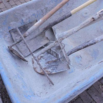 Wheelbarrow with Steel Mortar  Pans and Mixing Tools