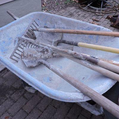 Wheelbarrow with Steel Mortar  Pans and Mixing Tools