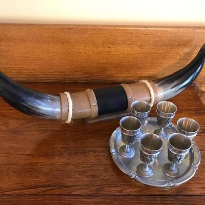 Horn  & Pewter Cups & Tray