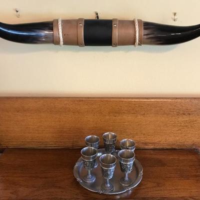 Horn  & Pewter Cups & Tray