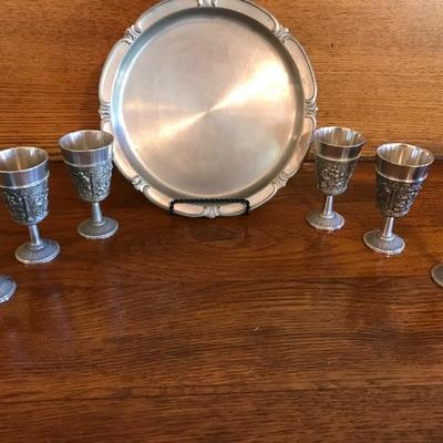 Horn  & Pewter Cups & Tray
