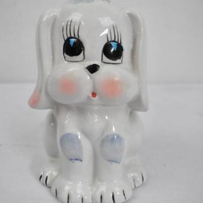 White Puppy Dog Coin Bank with Stopper - Vintage