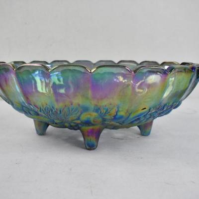 Indiana Carnival Glass Footed Fruit Bowl Blue Iridescent Harvest Grape Vintage