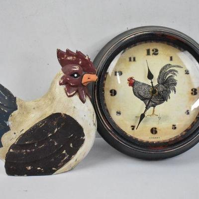 2 Piece Rooster Decor: 1 Clock & 1 Hand-Painted Wooden Rooster