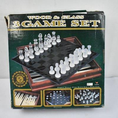 Wood & Glass 3 Game Set: Backgammon, Checkers, & Chess - Complete