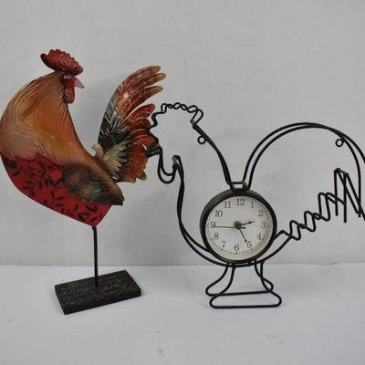 2 Piece Rooster Decor: 1 Metal Stand Rooster & 1 Metal Rooster Outline Clock