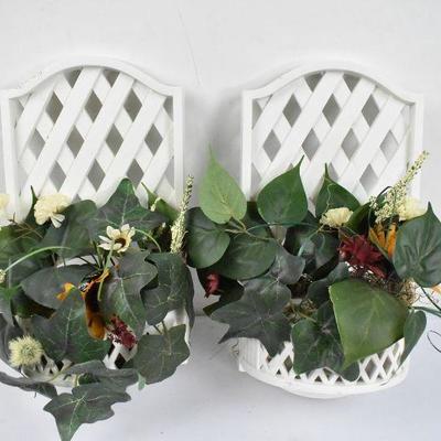 2 Piece Set White Trellis Wall Decor w/ Faux Flowers - Plastic, Looks Like Wood