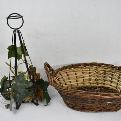 Metal Decor with Faux Flowers & Brown Oval Basket