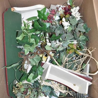 Box of Misc Wall Decor: Painted Shelves, Faux Flowers, Etc