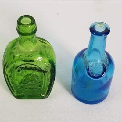 2 Miniature Alcohol Style Bottles - Green, Blue