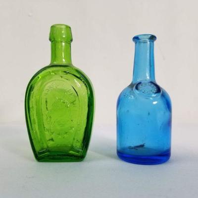 2 Miniature Alcohol Style Bottles - Green, Blue