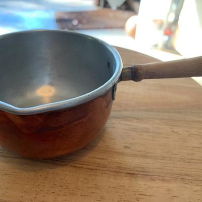 SMALL COPPER POT WITH WOODEN HANDLE