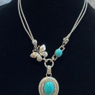 Ladies Silver & Turquoise Necklace with Bling- NEW
