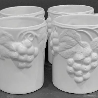 Four (4) White Raised Relief Grape Design Mugs - NEW