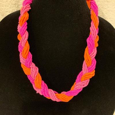 Pink & Orange Braided Bead Necklace - NEW 