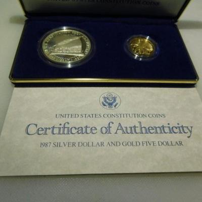 US Constitution Bill of Rights 1987 Proof 2 Coin Set $5 Gold and $1 Silver COA
