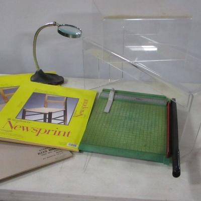 Lot 144 - Paper Cutter- Sketching Pads - Magnifying Glass & & Shelves