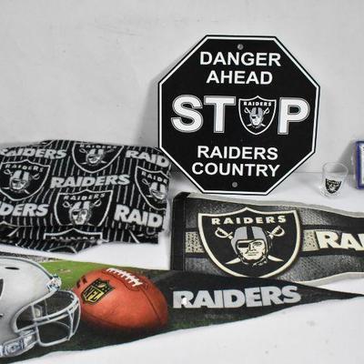 6 Piece Raiders Lot: Blanket, Shot Glass, 2 Pennants, Deck of Cards, Sign