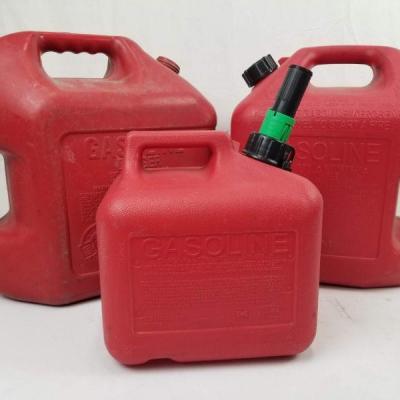 3 Plastic Gas Cans: Two 5 Gallon and One 2.5 Gallon